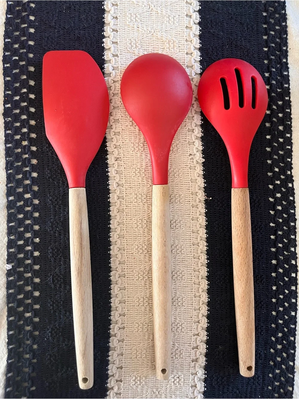 Red Silicone and Wood Kitchen Utensil Set - 3 Piece